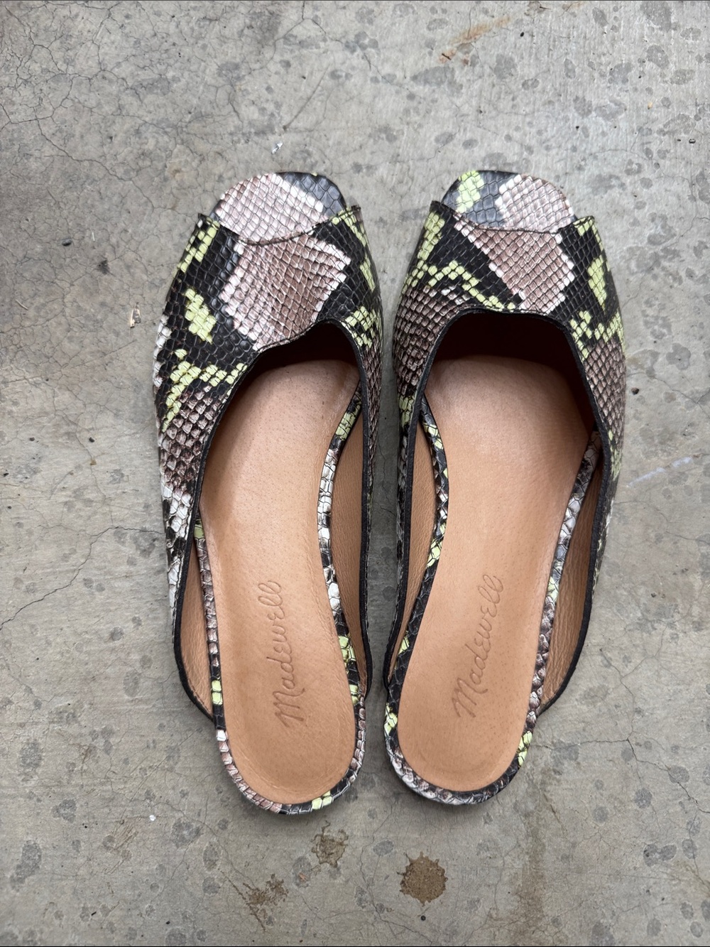 Madewell Snake-Print Slip-On Mules in Beige, Brown & Lime